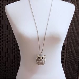 Owl necklace pearl body faceted eyes silvertone chain